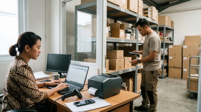 Warehouse workers manage inventory and orders, one at a desk with a laptop and barcode scanner, the other checking boxes on shelves.