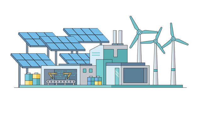 Clean energy plant with solar panels, wind turbines and smart green tech for low carbon power