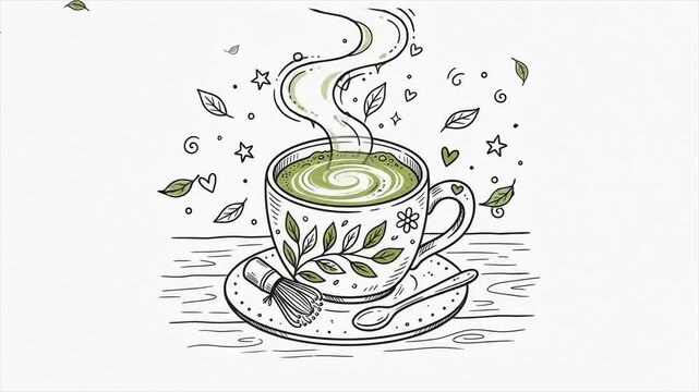 Hand drawn matcha tea cup with whisk illustration. Green tea beverage with hearts and stars doodle animation. Japanese matcha latte vector art motion graphics.