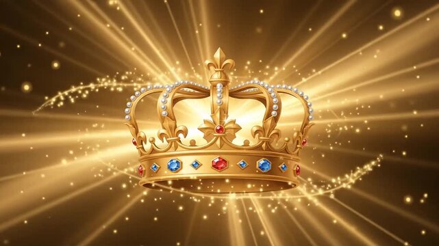 Golden crown with sparkling gems and rays of light for royal and luxury concepts