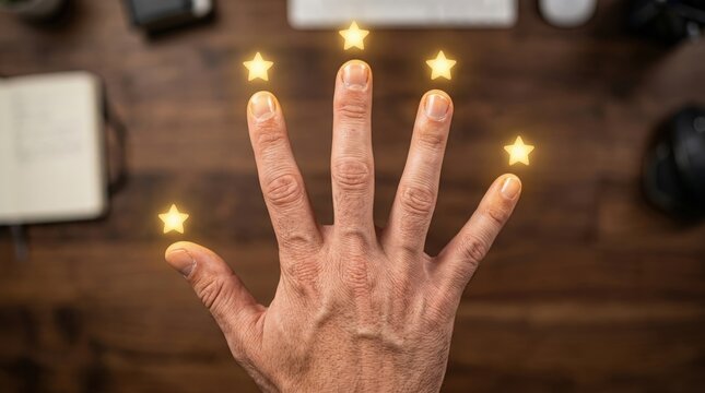 A human hand showing five fingers with glowing gold stars representing a five star rating concept
