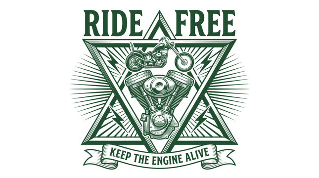 Vintage motorcycle emblem design with engine and text.