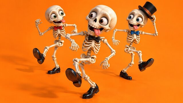 Three funny cartoon skeletons dancing with bow ties and top hat on orange background. Happy dancing bones with silly faces celebrating spooky party.