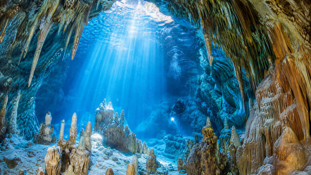 Diver exploring underwater cave with stalactites and blue light beams from surface