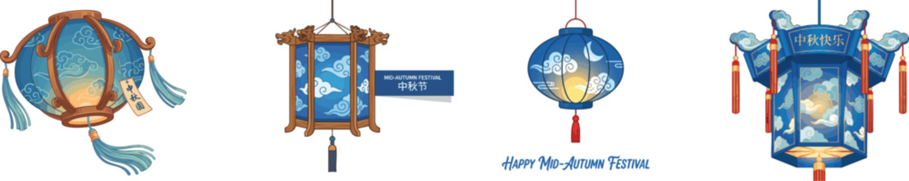 Blue traditional oriental lantern with cloud patterns for Mid-Autumn Festival celebration, vector isolated on white