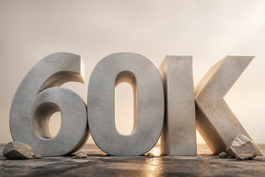 Large, metallic numbers "60K" are displayed on a wooden surface against a bright, hazy background.