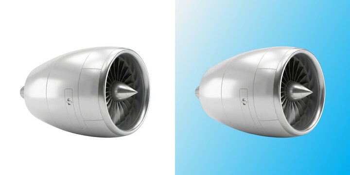 Realistic aircraft jet engine turbine isolated on white and blue backgrounds