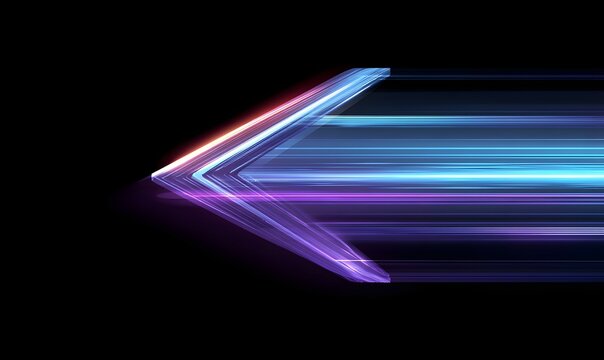 Neon blue and purple glowing arrow pointing left with speed lines on a dark background