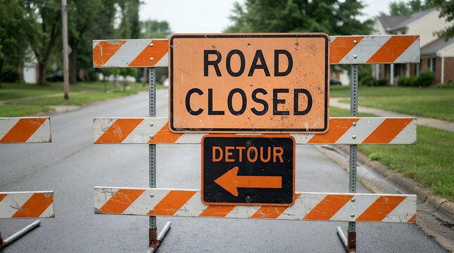 Road Closed sign, orange and black detour barrier, construction zone warning, traffic management, safety regulations