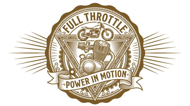 Vintage style motorcycle emblem with engine and throttle text.