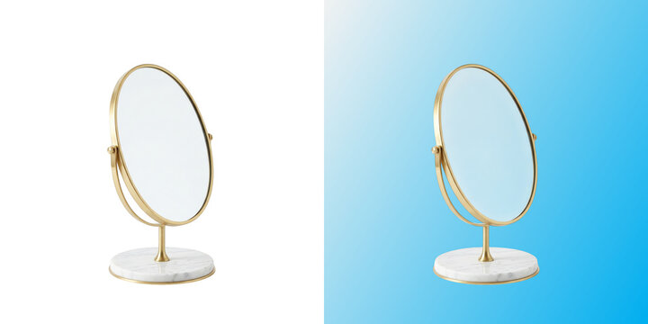 Gold oval table mirror with marble base for beauty vanity