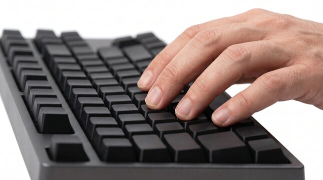 Close up of a person's hand typing on a black mechanical keyboard with white background