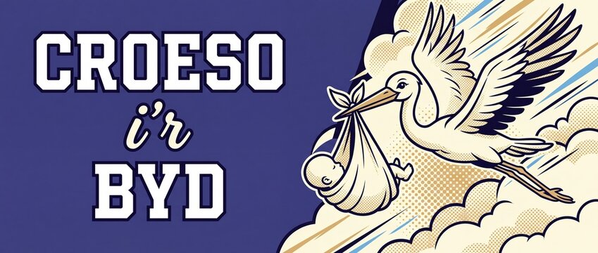 Stork delivering newborn baby illustration flying in sky with Welsh text Croeso ir Byd vintage style birth announcement banner for new baby arrival greeting card design celebration artwork concept
