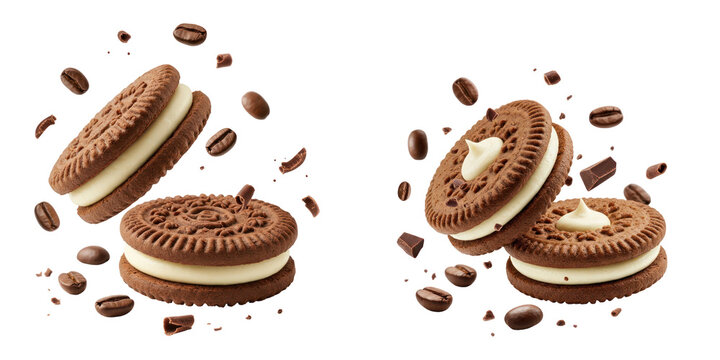 Chocolate sandwich cookies with vanilla cream, falling coffee beans, and chocolate chunks, isolated on white transparent background.