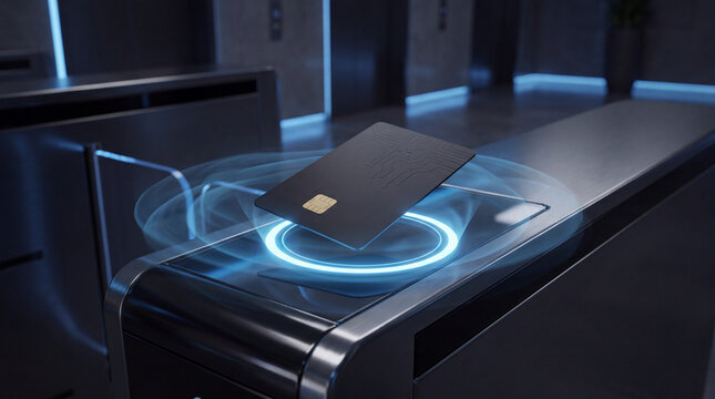 Access Granted: A sleek black card hovers over a biometric scanner, its digital signature initiating a seamless entry sequence.