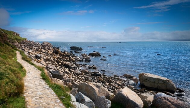Coastal Shore With Rocky Shoreline And A Narrow Path Along The Water A Natural Landscape Scene
