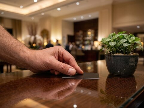 A guest placing a credit card on a luxury hotel reception desk for check in