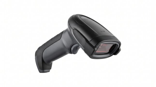 Modern handheld barcode scanner with red laser scanner window on a clean white background