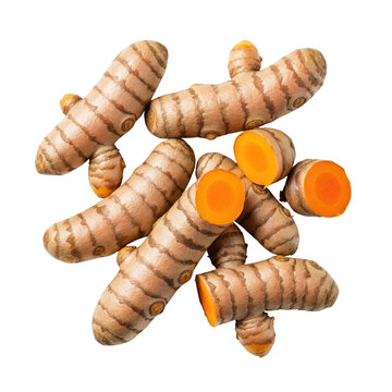Pile of Fresh Turmeric Roots with Orange Interior on Transparent Background Top Down View