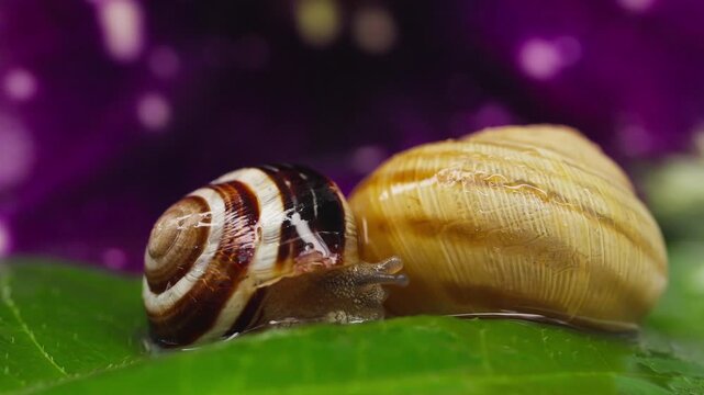 Macro shot of two snails resting side by side on a green leaf with a vibrant purple blurred bokeh background.