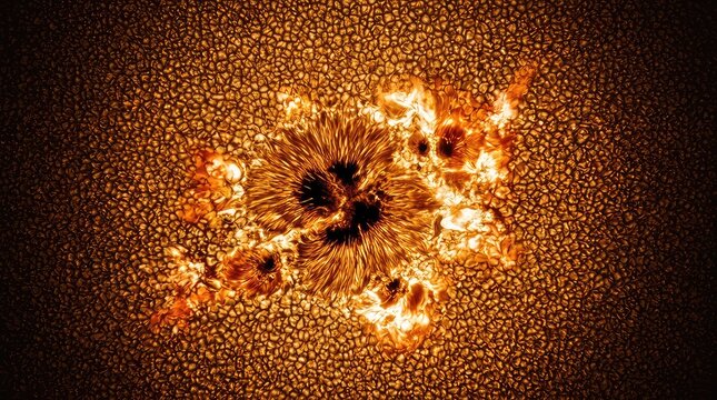 A detailed ground-based telescope view captures the dynamic solar surface, revealing complex sunspots, bright faculae, and granular textures, granulation, convection, celestial