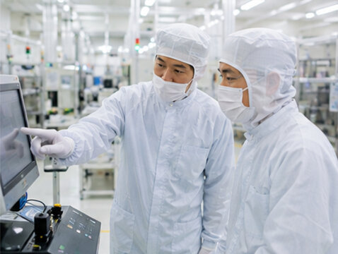 半導体工場,半導体,クリーンルーム,製造技術者,OJT,新人教育,人材育成,技術指導,現場教育,社員教育,研修,製造業,工場,生産現場,製造現場,半導体製造,電子部品,精密機器,製造装置,生産設備,設備操作,画面操作,タッチパネル,モニター,操作指導,先輩社員,新人社員,日本人男性,男性技術者,エンジニア,製造エンジニア,生産技術,製造技術,技術継承,技能継承,教育担当,作業員,クリーンスーツ,防