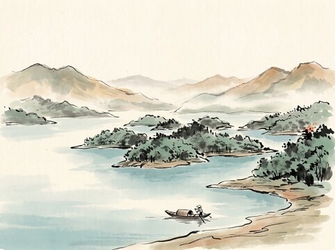 Ta Dung Lake in Dak Nong, Vietnam, spectacular highland reservoir with countless green islands scattered across calm blue-green water, layered mountains fading into morning mist xieyi sumi painting