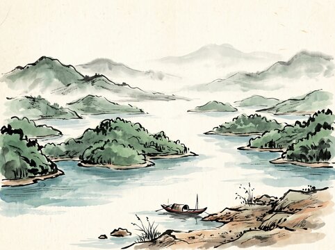 Ta Dung Lake in Dak Nong, Vietnam, spectacular highland reservoir with countless green islands scattered across calm blue-green water, layered mountains fading into morning mist xieyi sumi painting