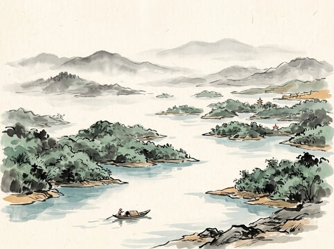 Ta Dung Lake in Dak Nong, Vietnam, spectacular highland reservoir with countless green islands scattered across calm blue-green water, layered mountains fading into morning mist xieyi sumi painting