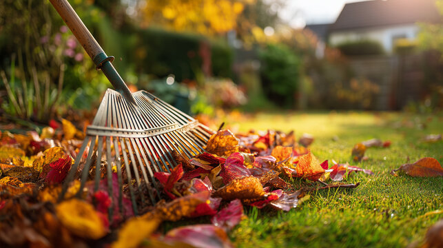 Close-up of a garden rake gathering colorful autumn leaves on a green lawn in a residential garden, representing seasonal yard maintenance, gardening, fall cleanup, and outdoor home care.