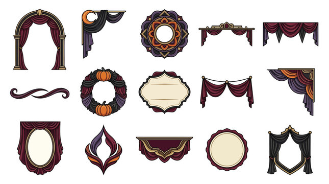 Gothic Halloween decorative frames and borders, 15 vintage spooky curtain and banner elements, dark purple and orange victorian vector set isolated on White Background Halloween
