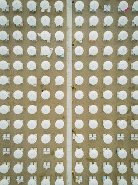 Aerial view of rows of white beach umbrellas and sun loungers arranged symmetrically on the sandy beach in San Benedetto del Tronto, Marche, Italy.