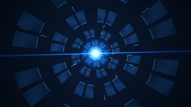 Futuristic blue sci-fi tunnel motion graphic with glowing center light and flare