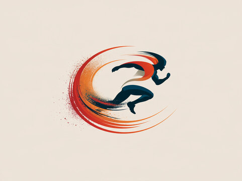 Modern silhouette of a runner with dynamic orange and red speed swirls on beige background.