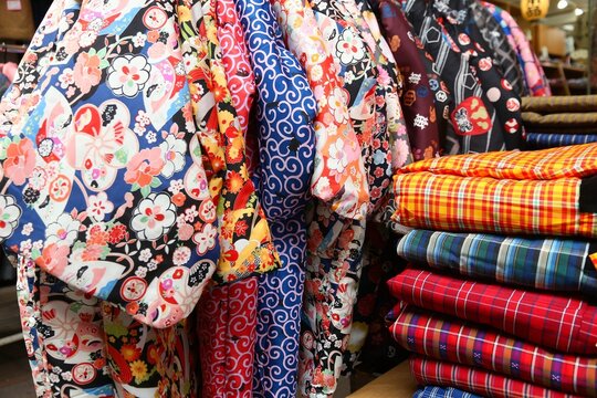Japanese kimono and yukata dresses colors and patterns at a market in Asakusa, Tokyo