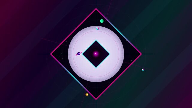Futuristic Geometric Motion Graphics Featuring Rotating Planets and Celestial HUD Elemen