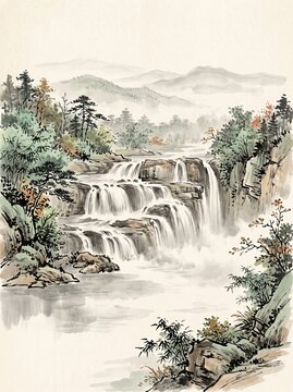 Pongour Waterfall in Lam Dong, Central Highlands Vietnam, broad cascading waterfall flowing over natural stone terraces surrounded by lush forest xieyi sumi-e ink wash landscape painting