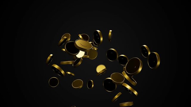 A dynamic cascade of gleaming golden coins gracefully scattering and descending against a deep black backdrop, symbolizing financial abundance and investment prosperity