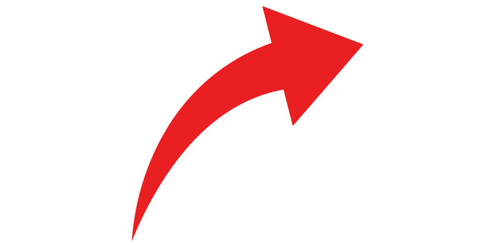 Red curved arrow pointer design pointing upwards right for navigation and flow direction indicators.