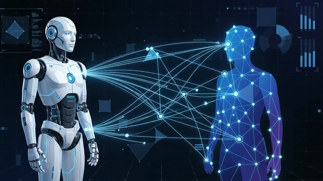 Humanoid robot interacting with digital human data interface representing AI and machine learning