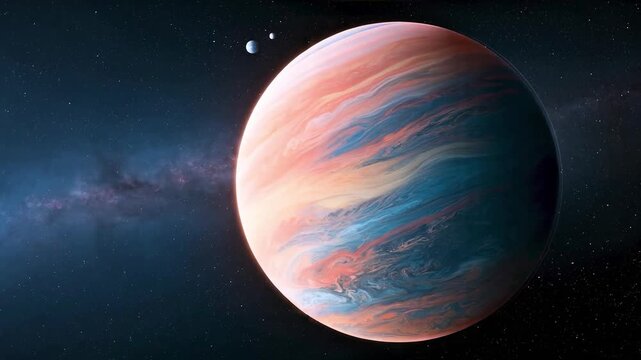 4K Video of a colorful blue and pink gas giant with swirling clouds and luminous atmospheric patterns in space.