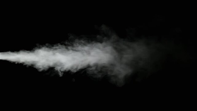Jet of white steam, smoke, or vapor puffing out horizontally from the left side against a dark background