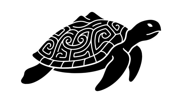 Black silhouette of a sea turtle with decorative tribal pattern on its shell for tattoo or graphic design projects Vector