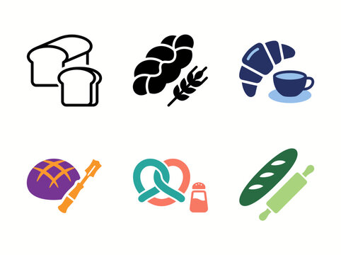 Bakery and fresh pastry icon set featuring various bread types croissant breakfast baguette delicious illustration