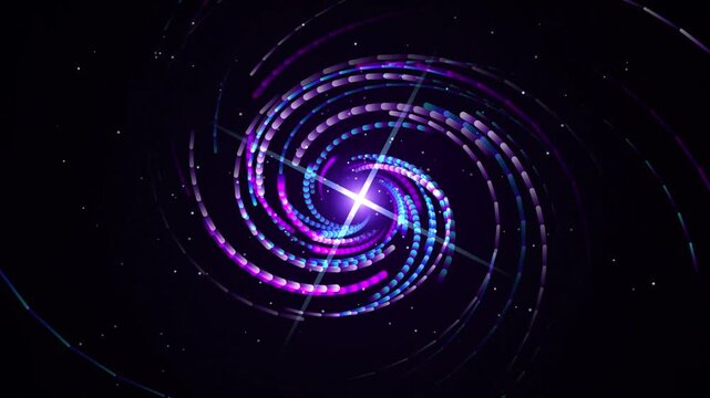 Neon Spiral Motion Background with Glowing Purple and Blue Light Rays in Dark Space