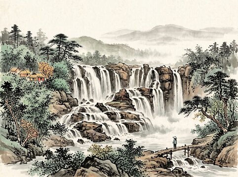Pongour Waterfall in Lam Dong, Central Highlands Vietnam, broad cascading waterfall flowing over natural stone terraces surrounded by lush forest xieyi sumi-e ink wash landscape painting
