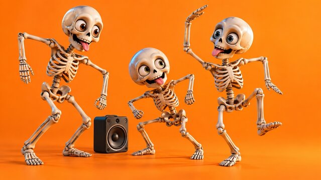 Three funny cartoon skeletons dancing near a speaker on orange background. Comical 3D characters with silly faces sticking tongues out.
