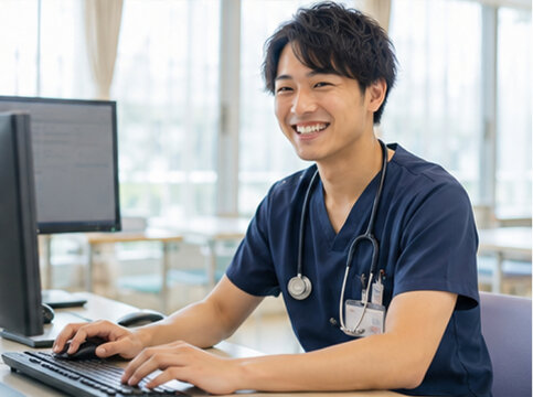 男性看護師,看護師,ナース,日本人看護師,日本人男性,笑顔,満面の笑み,笑う,明るい,親しみやすい,優しい,医療従事者,医療スタッフ,医療,病院,クリニック,診療所,介護施設,白衣,スクラブ,制服,看護,看護職,医療職,仕事,職業,働く男性,ポートレート,人物,正面,腕組み,立つ,安心,信頼,清潔感,親近感,患者ケア,コミュニケーション,チーム医療,病院スタッフ,ヘルスケア,採用,求人,看護師求人