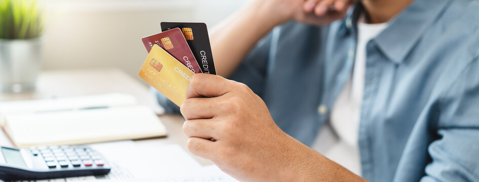 Stressed bankrupt financial crisis concept, Young adult in nervous after calculated loan expense and can not pay to bank.