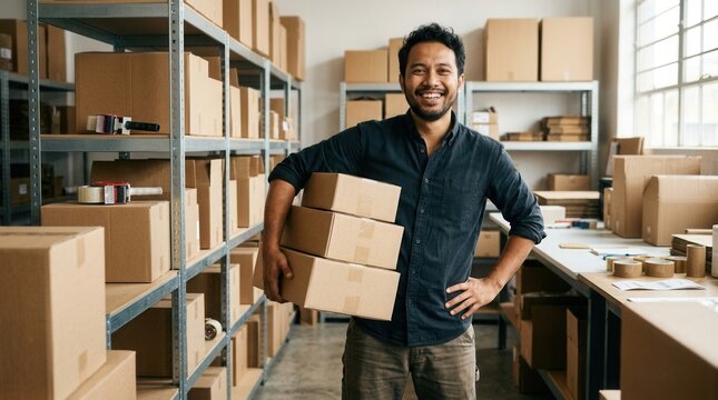 Smiling warehouse worker holding packages, small business owner, e-commerce fulfillment, shipping and logistics, diverse entrepreneur